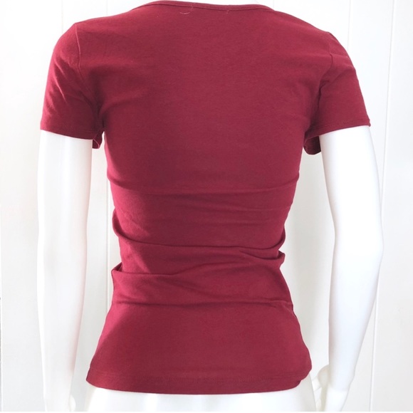 NWOT Burgundy Sheer Lace Mesh Cutout Fitted Tee - Picture 4 of 13